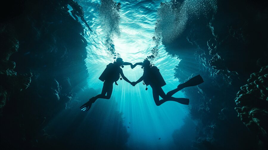 31 Things To Do On Your Honeymoon for 2024 5 couple scuba diving making shape of heart when holding hands