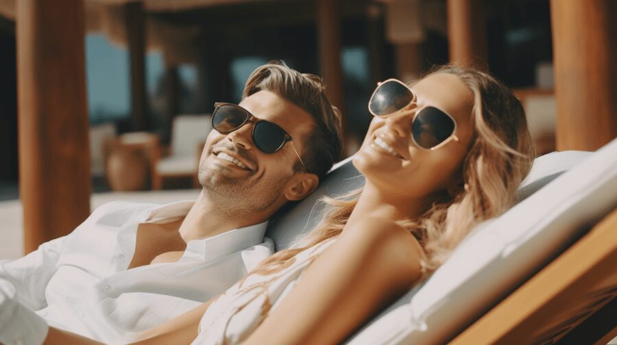 31 Things To Do On Your Honeymoon for 2024 8 handsome newlyweds relax by pool in luxury hotel