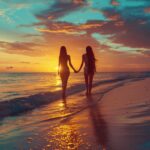 31 Things To Do On Your Honeymoon for 2024 6 newlywed couple walk on beach hand in hand