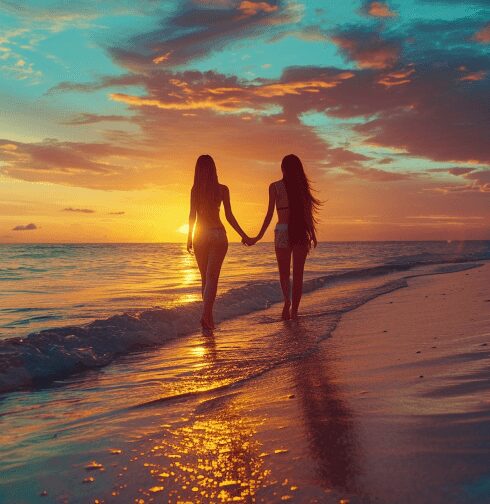 31 Things To Do On Your Honeymoon for 2024 10 newlywed couple walk on beach hand in hand