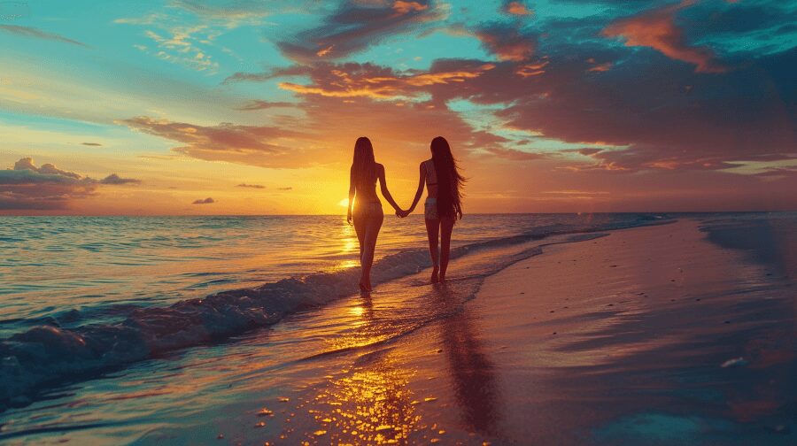 31 Things To Do On Your Honeymoon for 2024 6 newlywed couple walk on beach hand in hand