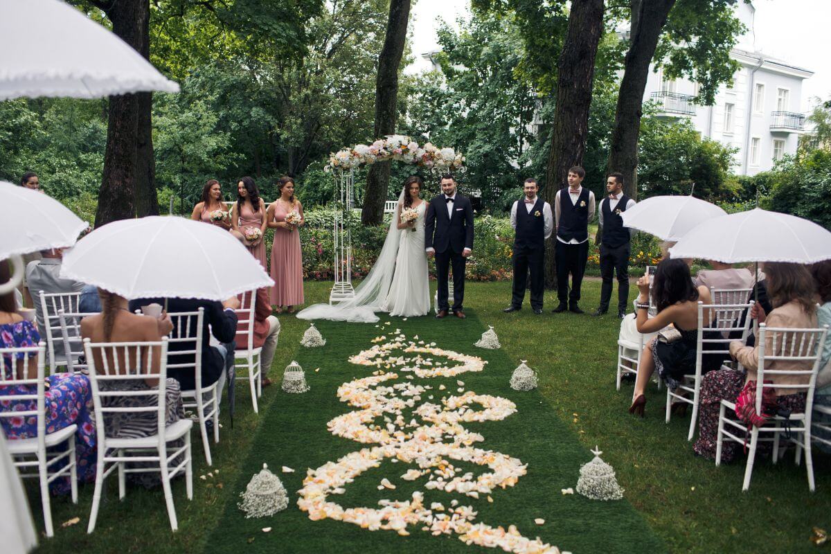 Creative Ideas for Memorable Wedding Celebrations 3 wedding guests under umbrellas at outdoor ceremony in the UK