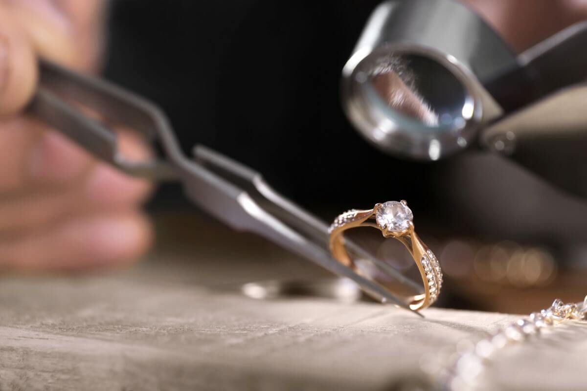 Jeweller inspecting a diamond engagement ring with tweezers and a loupe at a workbench