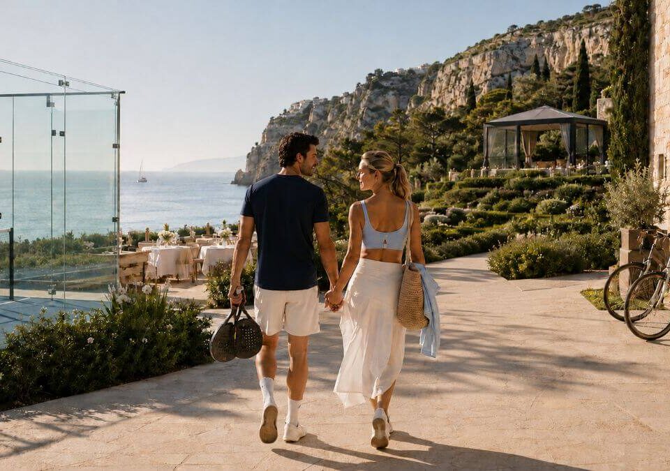 Beyond the Beach: 10 Active Honeymoon Ideas That Still Feel Romantic 21 Couple walking hand in hand beside a glass padel court at a Mediterranean coastal resort