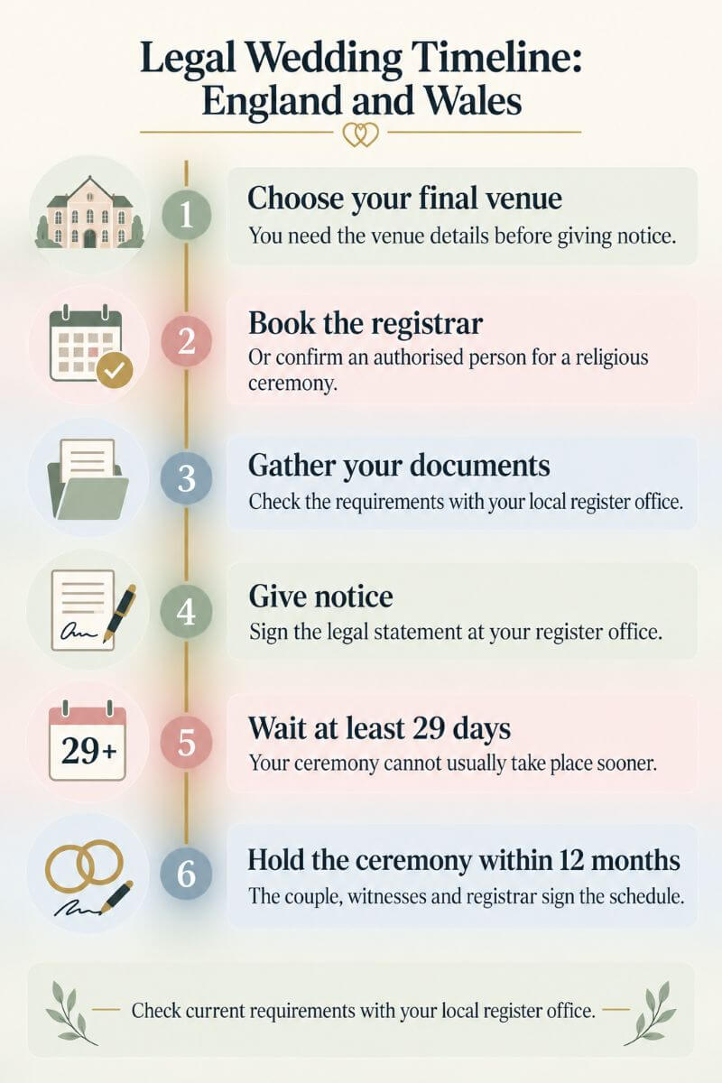 How to Plan a Wedding in England and Wales: Legal Steps, Timeline and Checklist 10 Legal wedding timeline for England and Wales showing venue choice, registrar booking, documents, notice, 29-day wait and ceremony deadline