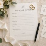 How to Plan a Wedding in England and Wales: Legal Steps, Timeline and Checklist 1 Marriage notice form with wedding rings, bouquet, pen and ceremony planning cards
