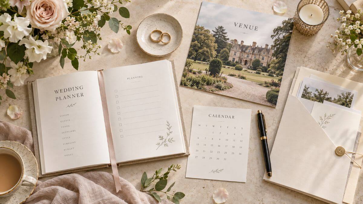 How to Plan a Wedding in England and Wales: Legal Steps, Timeline and Checklist 9 Wedding planner notebook with venue brochure, calendar, rings, flowers and planning stationery