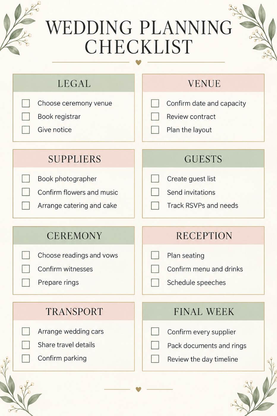 How to Plan a Wedding in England and Wales: Legal Steps, Timeline and Checklist 8 Wedding planning checklist covering legal steps, venue, suppliers, guests, ceremony, reception, transport and final week tasks