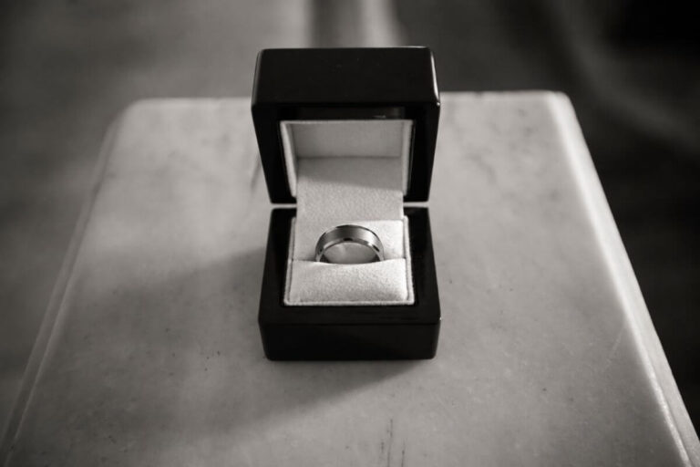 black zirconium wedding ring in box