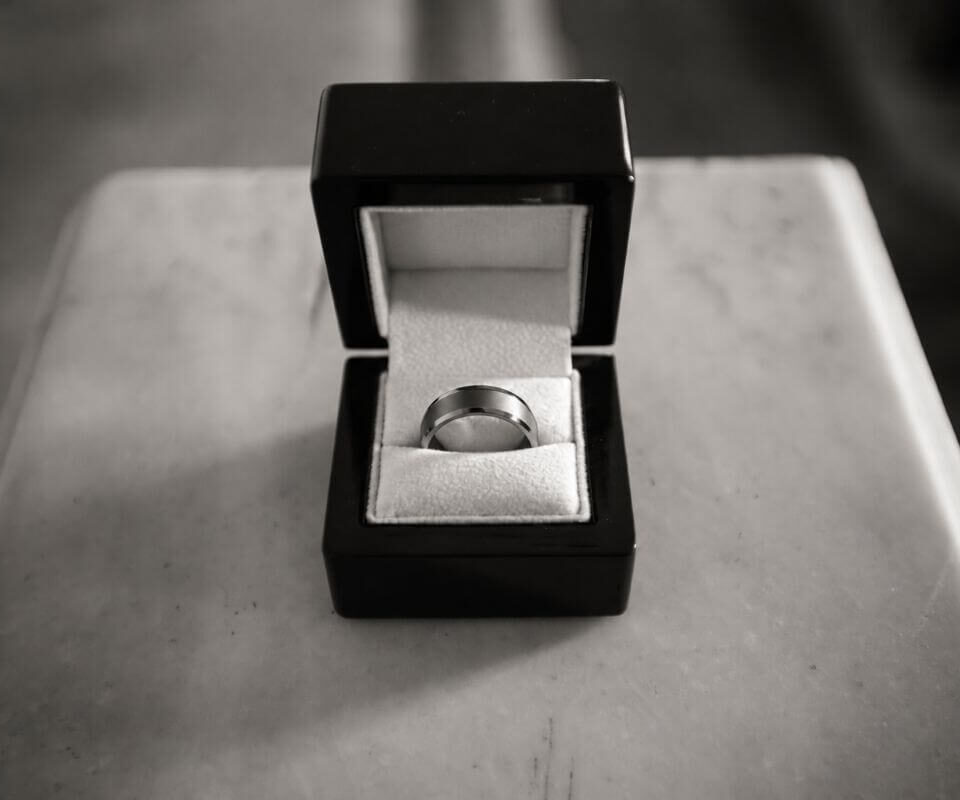 black zirconium wedding ring in box